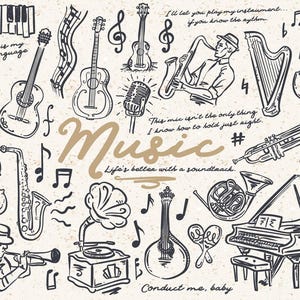 Può includere: Illustrazione in bianco e nero con vari strumenti musicali, tra cui chitarre, un pianoforte, un sassofono e una tromba. La parola "Music" è scritta in un carattere stilizzato, con note musicali sparse. Il testo include "Music is my love language" e "Life's better with a soundtrack".