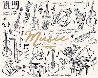 40 Whimsical Music SVG, PNG,  illustrations, collection, set, bundle, hand drawn, Music, Instruments, Jazz, Piano, Concert, Composing, Sing