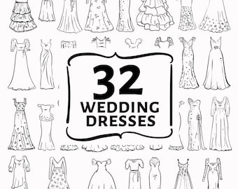 32 Whimsical Wedding Dresses SVG, PNG, AI, illustrations, hand drawn elements,