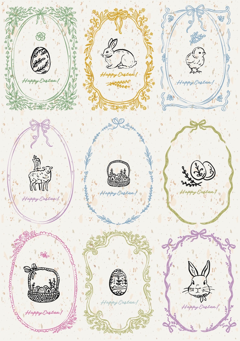 May include: Nine Easter-themed illustrations in oval frames with floral and bow accents. Each frame contains a black and white drawing of Easter symbols like eggs, bunnies, and baskets. The text "Happy Easter!" is written below each image.