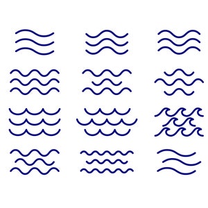 May include: A set of twelve blue wave icons, each with a different style and number of waves. The icons are simple and abstract, and they would be perfect for use in a website or app design.