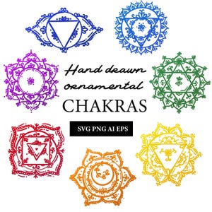 May include: Set of seven hand-drawn ornamental chakra symbols in various colors, including red, orange, yellow, green, blue, indigo, and violet. The symbols are surrounded by intricate patterns and designs. The text "Hand drawn ornamental CHAKRAS SVG PNG AI EPS" is displayed below the symbols.