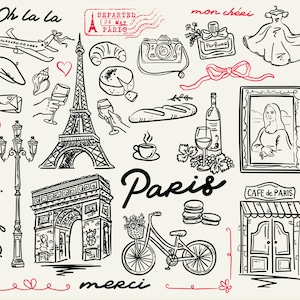 May include: A black and white illustration of various Parisian landmarks and symbols, including the Eiffel Tower, the Arc de Triomphe, a baguette, a bicycle, a cafe, and a bottle of wine. The text "Oh la la", "mon chéri", "Bonjour!" and "merci" are also included in the image.