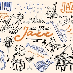 Può includere: Un'illustrazione disegnata a mano di una scena jazz con strumenti musicali, tra cui un sassofono, una tromba, un pianoforte e un contrabbasso. L'illustrazione include anche un microfono, un grammofono, un bicchiere di vino e un gatto. Il testo "Jazz Sessions" e "All That Jazz" è incluso nell'illustrazione.