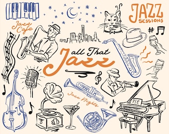 30 Whimsical All That Jazz SVG, PNG,  illustrations, collection, set, bundle, hand drawn, Music, Instruments, Jazz Nights