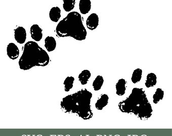 May include: Three black paw prints on a white background. The paw prints are stylised and look like they were made with a brush.