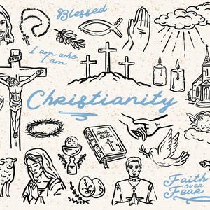 May include: Black and white line art illustration of Christian symbols including a cross, a dove, a fish, a crown of thorns, a church, a bible, and the words "Blessed", "I am who I am", "Christianity", and "Faith over Fear".