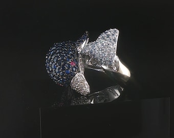 18k White Gold Blue Sapphire Ruby and Diamond Bypass Dolphin Ring Size 7