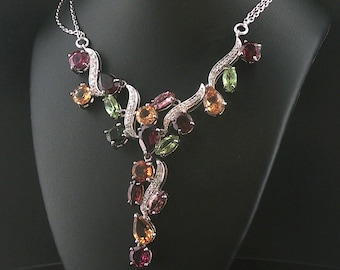 18k White Gold Mulit Color Tourmaline and Diamond Drop Necklace Italy 16.5"