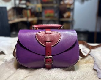 Handmade Leather Crossbody Bag, Purple Burgundy Satchel, Mini Shoulder Purse
