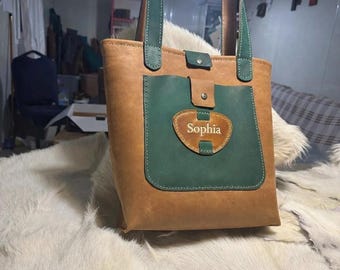 Personalized Leather Tote Bag, Custom Name Engraved, Genuine Leather Shoulder Handbag