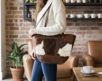 Handmade Leather Cowhide Tote Bag – Rustic Brown Shoulder Bag, Everyday Use