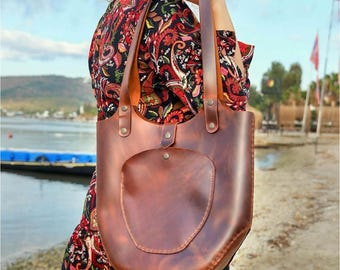 Handmade Full Grain Leather Tote Bag, Rustic Brown Shoulder Purse, Minimalist Everyday Bag