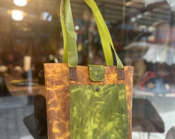 Handmade Leather Tote Bag, Rustic Brown Olive Green Shoulder Bag, Vintage Shopper Purse