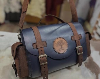 Handmade Blue Leather Barrel Bag, Vintage Style Crossbody Purse