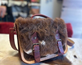 Handmade Leather Fur Crossbody Bag, Rustic Hair-On Hide Shoulder Purse