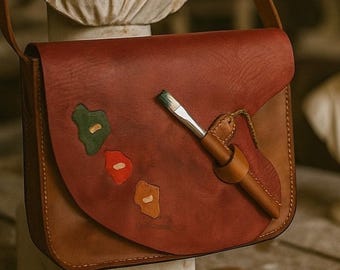 Hand-Painted Leather Crossbody Bag – Artisan Shoulder Bag, Vintage Style