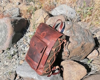 Distressed Leather Canvas Backpack, Rustic Rucksack Travel Hiking Daypack