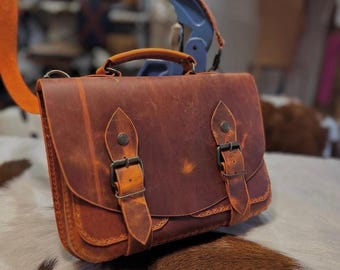 Handmade Full Grain Leather Crossbody Bag, Vintage Brown Satchel Shoulder Bag