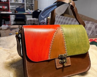 Handmade Leather Crossbody Bag, Color Block Satchel, Hand-Stitched Artisan Purse