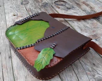 Handmade Leaf Leather Crossbody Bag, Forest Fairy Purse, Cottagecore Satchel