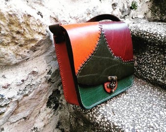 Handmade Patchwork Leather Crossbody Bag – Colorblock Boho Shoulder Purse