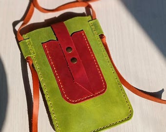 Handmade Genuine Leather Phone Bag, Colorful Crossbody Mini Pouch