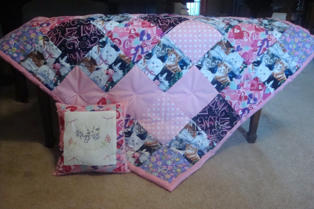 Handmade Baby Quilt Set Kitty Quilt With Pillow Blanket Etsy