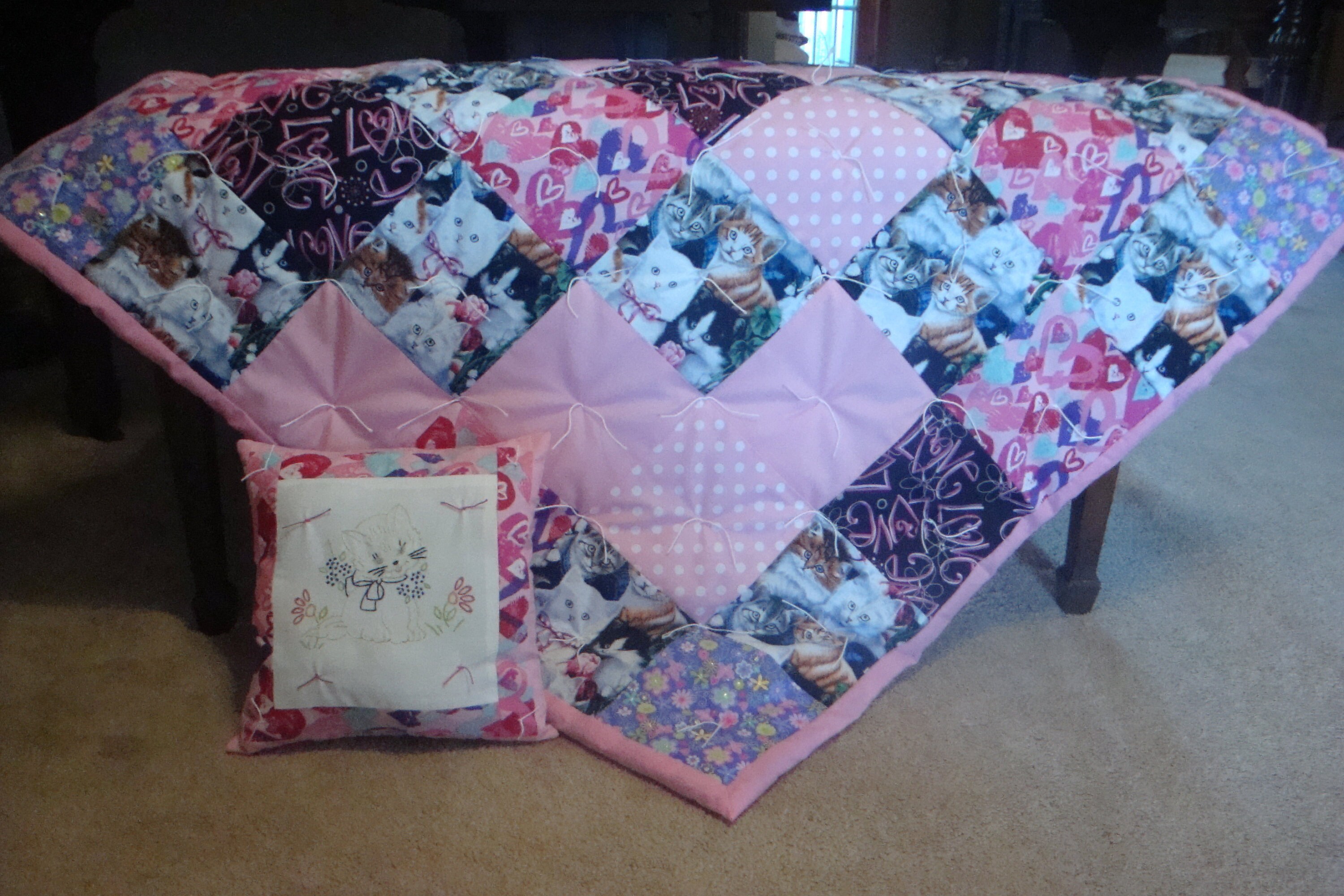 Handmade Baby Quilt Set Kitty Quilt With Pillow Blanket Etsy