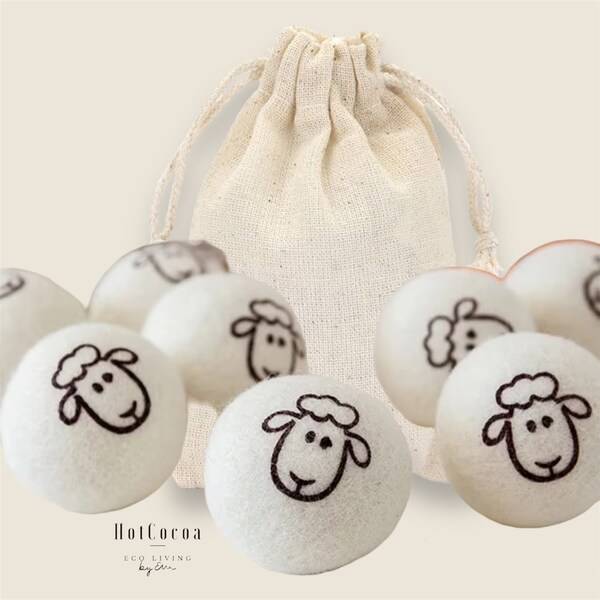 Wool Dryer Balls Gift Set: Set of 6 Novelty Sheep Clothes Drying Balls in Cotton Bag, Eco Friendly Living Home Natural Material Gift