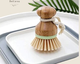 Wooden Pot Scrubbing Brush with Pastel Mint Green Rim, Firm Artificial Bristles, Natural Wood, Low Waste Eco Friendly Kitchen