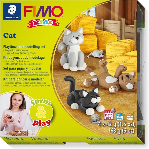 8034 16 LZ FIMO Kids Form Play Playtime & Modelling Polymer Clay Set  Cats Pack of 4 Blocks Stickers Modelling Tools and Background Scene