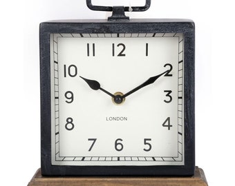 Metal Vintage Style Mantel Tabletop Square Art Deco Clock with Wooden Base Home, Office, Bedroom