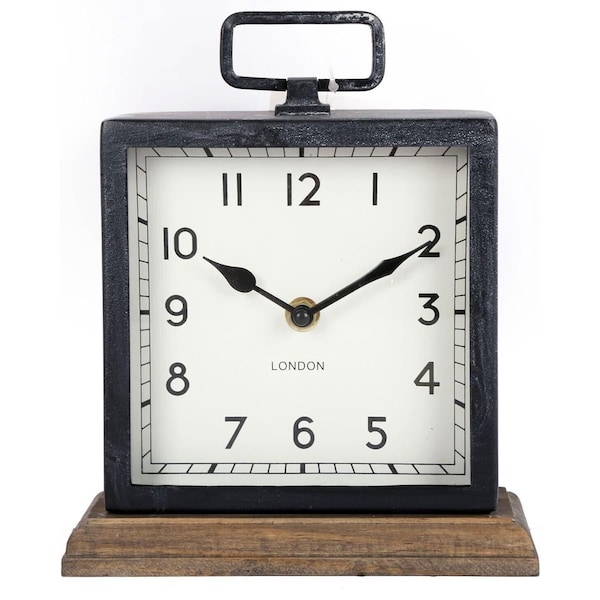 Metal Vintage Style Mantel Tabletop Square Art Deco Clock with Wooden Base Home, Office, Bedroom