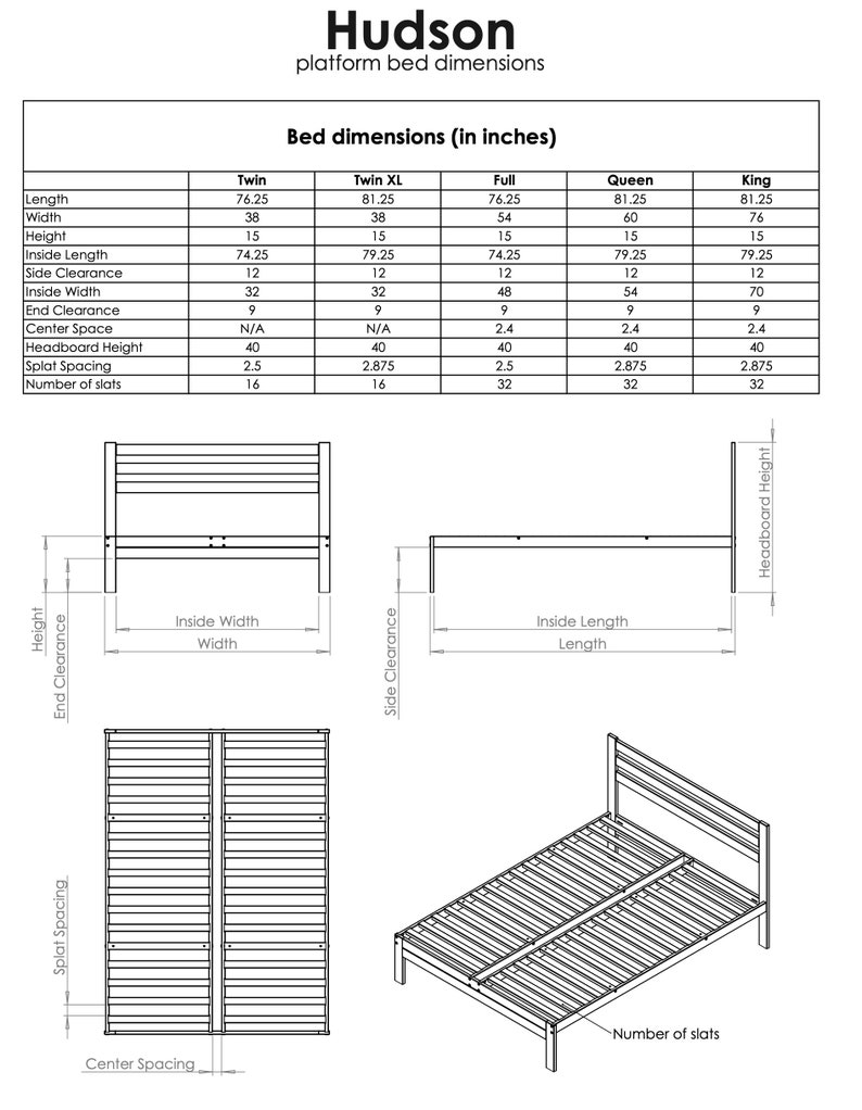 Hudson Platform Bed dimensions. Handmade in NC by Carolina Leg Co