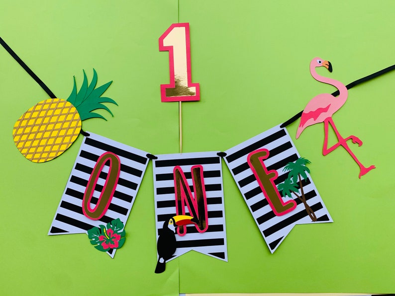 tropical banner Flamingo High Chair banner first birthday happy birthday pineapple