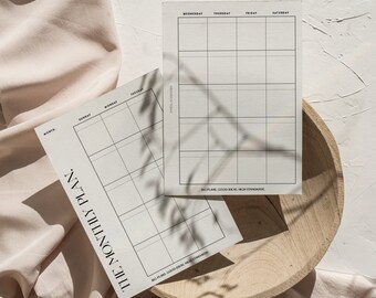 May include: Two blank monthly planner pages with a grid layout. The top page has the days of the week listed: Wednesday, Thursday, Friday, Saturday. The bottom page has the days of the week listed: Sunday, Monday, Tuesday. Both pages have the text "BIG PLANS, GOOD IDEAS, HIGH STANDARDS." at the bottom.