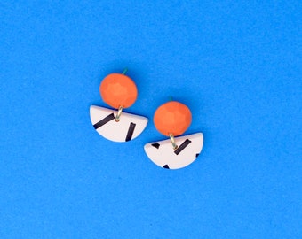 Mini Statement Earrings / Bright Orange, Black and White / Mini Dash Print Dangles / Small Fimo Dangle Earring / Super Moon London