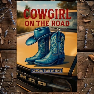 FORD Bronco Accessories Print – “Cowgirl on the Road” | Western Wall Art | Printable Vintage Cowgirl Poster | Rustic Country Decor |