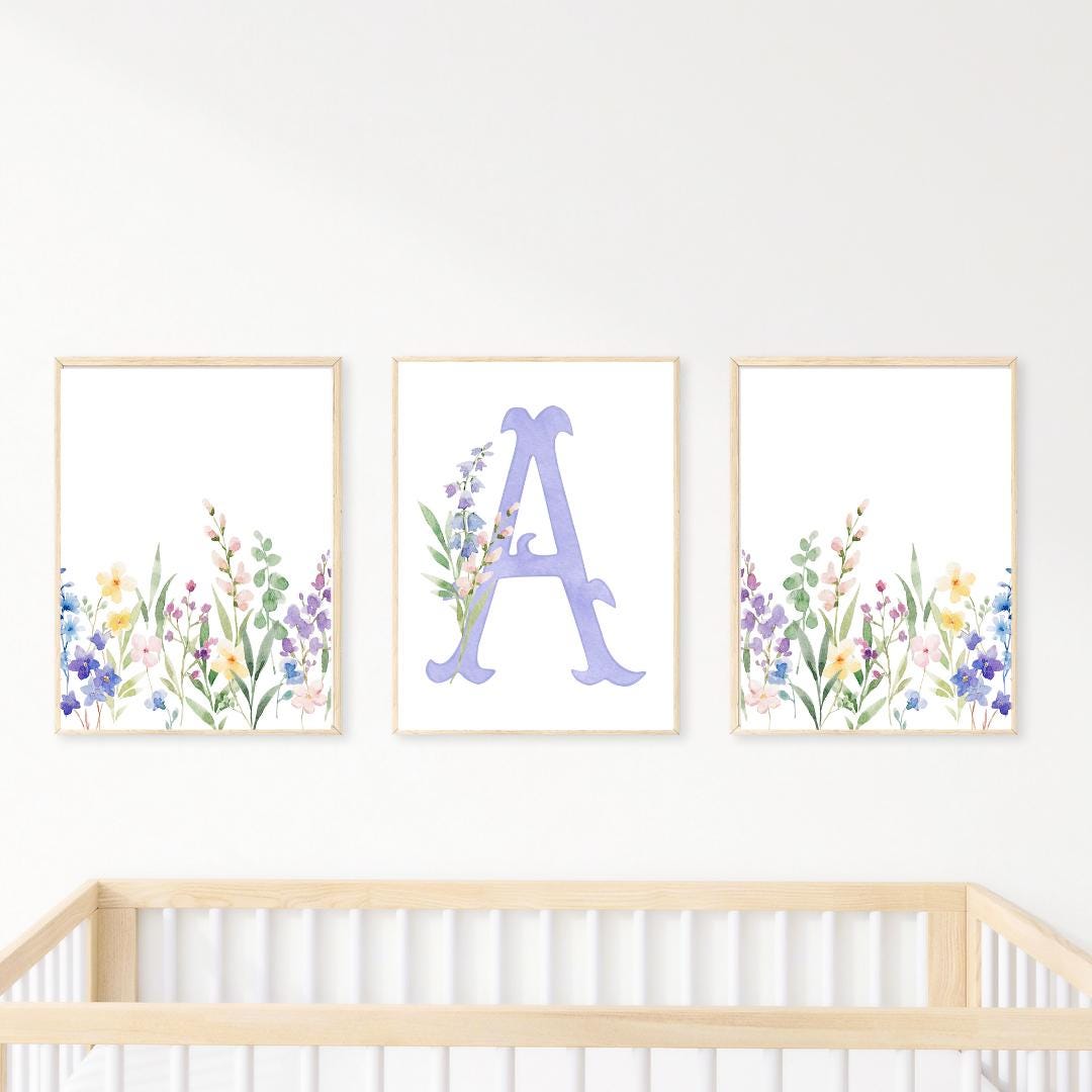 Custom Floral Nursery Wall Art - Personalized Baby Name Initial Print ...