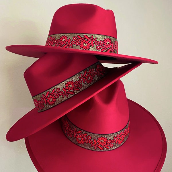 Fedora suede “Audrey” in cherry red color/ large brim/ special edition