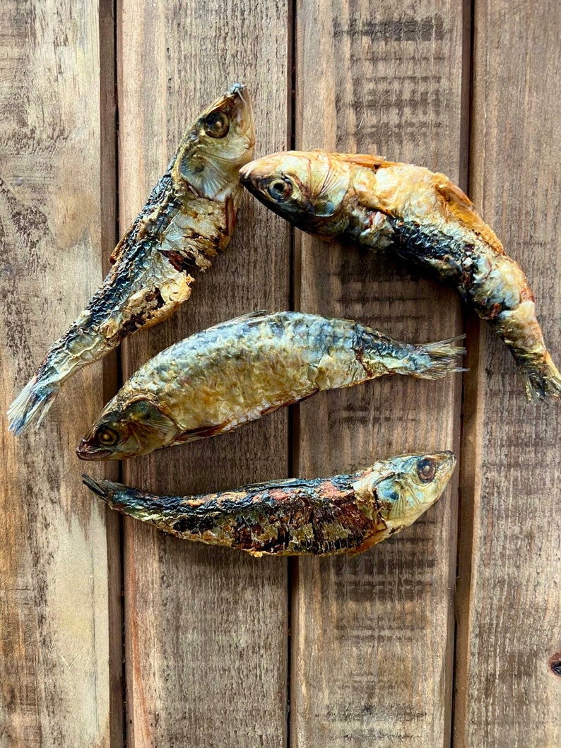 May include: Four dried fish on a wooden surface. The fish are brown and have a slightly iridescent sheen. They are arranged in a cross pattern.
