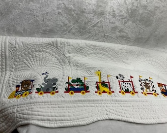 Baby Quilt, Train Quilt, Zoo Animals Train Quilt, Personalized Quilt, Embroidered baby blanket, Customized,