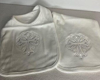 Babero y paño para eructar con cruz bordada, conjunto de bautizo – Regalo de recuerdo para el bautizo