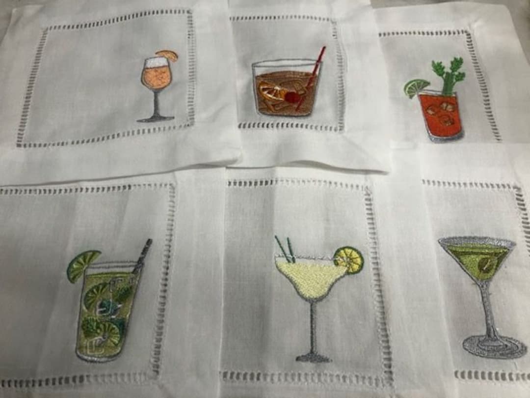 Alcohol Themed Embroidered Cocktail Napkins, Boozy Cocktail Napkins Set