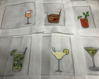 Alcohol themed Embroidered Cocktail Napkins, Boozy Cocktail Napkins set of 6, Bar Top Napkins, Tequila, Bloody Mary, Housewarming Gifts