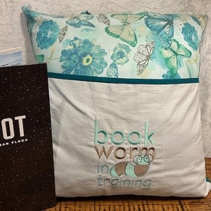 Reading Pillow, Bookworm reading Pillow, Child&#39;s reading pillow, Book pillow, Nursery decor, Pocket Pillow embroidered