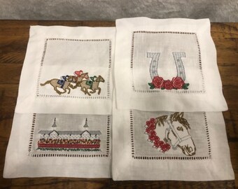 Kentucky Derby Embroidered Cocktail Napkins, Derby Cocktail Napkins set of 4, Bar Top Napkins, Derby Gifts, Churchill Downs