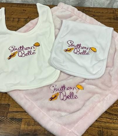 Southern Belle Baby Gift Set | Embroidered Bib, Burp Cloth and Lovie | Umbrella & Hat Design | Southern Baby Shower Gift