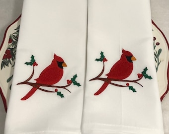 Christmas Cardinal on Holly Branch Cloth Dinner Napkin Set, Embroidered, Customized, Personalized